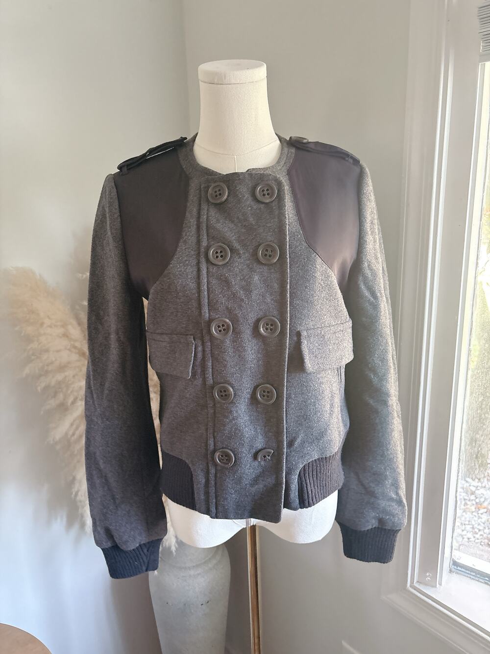 BCBGMaxAzria Wool Military Jacket Size XS Gray Double Breasted Coat
